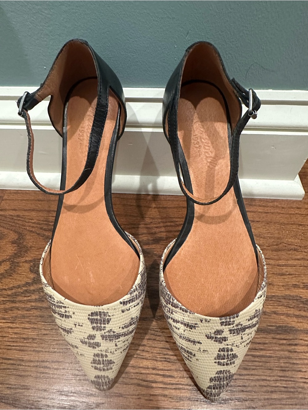 Madewell Beatrice-Ankle Strap Flats in Beige and Black Snake Print